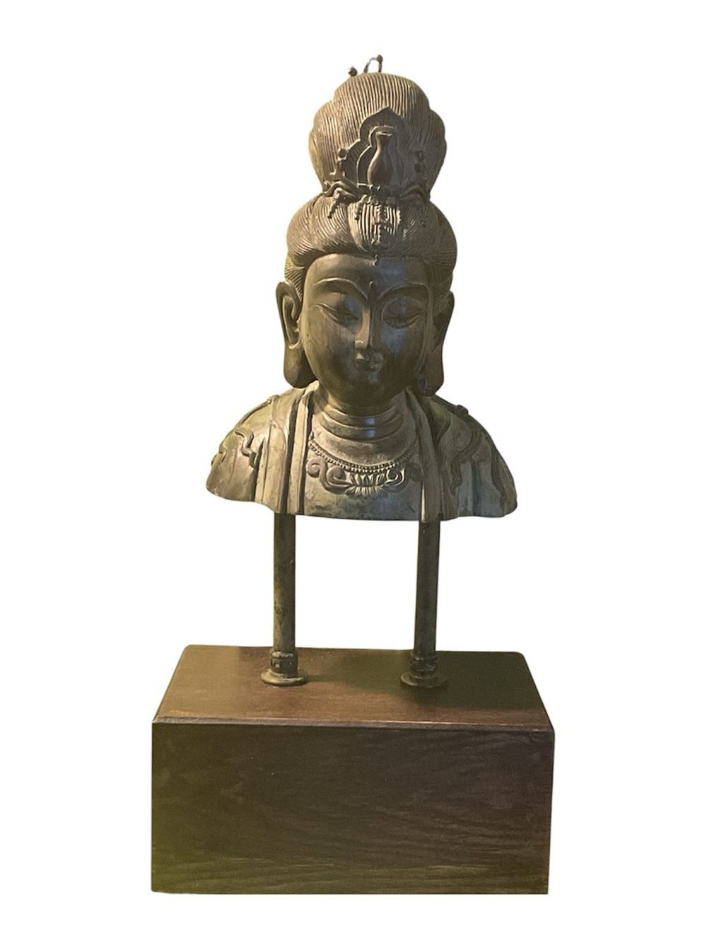 Vintage Brass Bodhisattva Guan Yin Bust Sculpture-Wood/Metal Stand